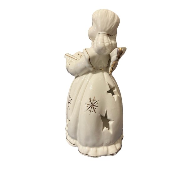 Christmas Caroling ceramic Angel Tea-light candle holder with stars gold trim 7’ - Picture 6 of 15